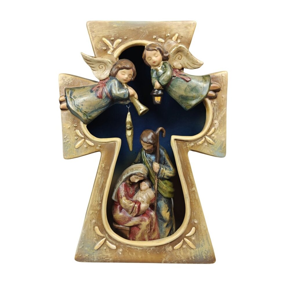 Vintage Roman Inc Nativity Cross Scene Figurine Candle Holder Hand-Painted